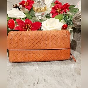 Bottega Veneta Orange Intrecciato Leather Wallet